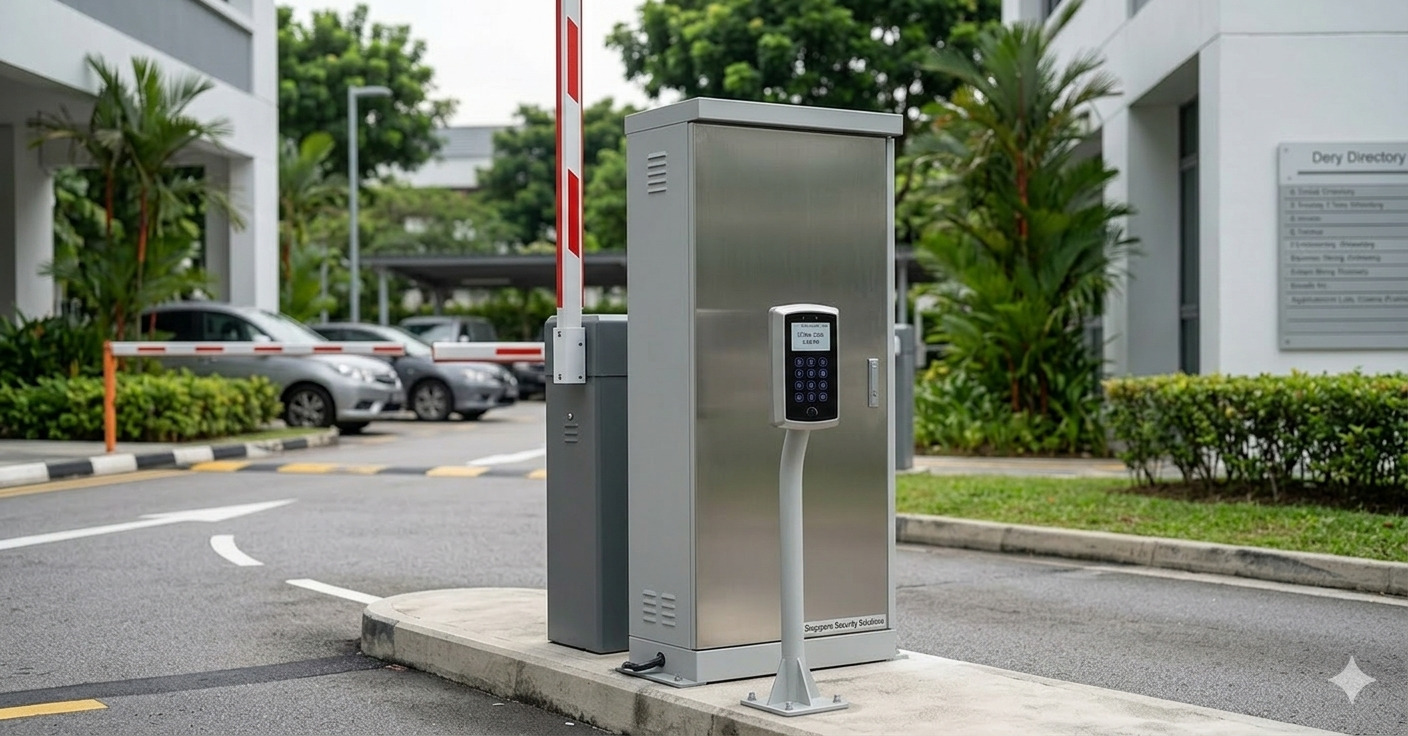 Industrial stainless steel barrier gate system with a raised red-and-white boom arm at a parking entrance