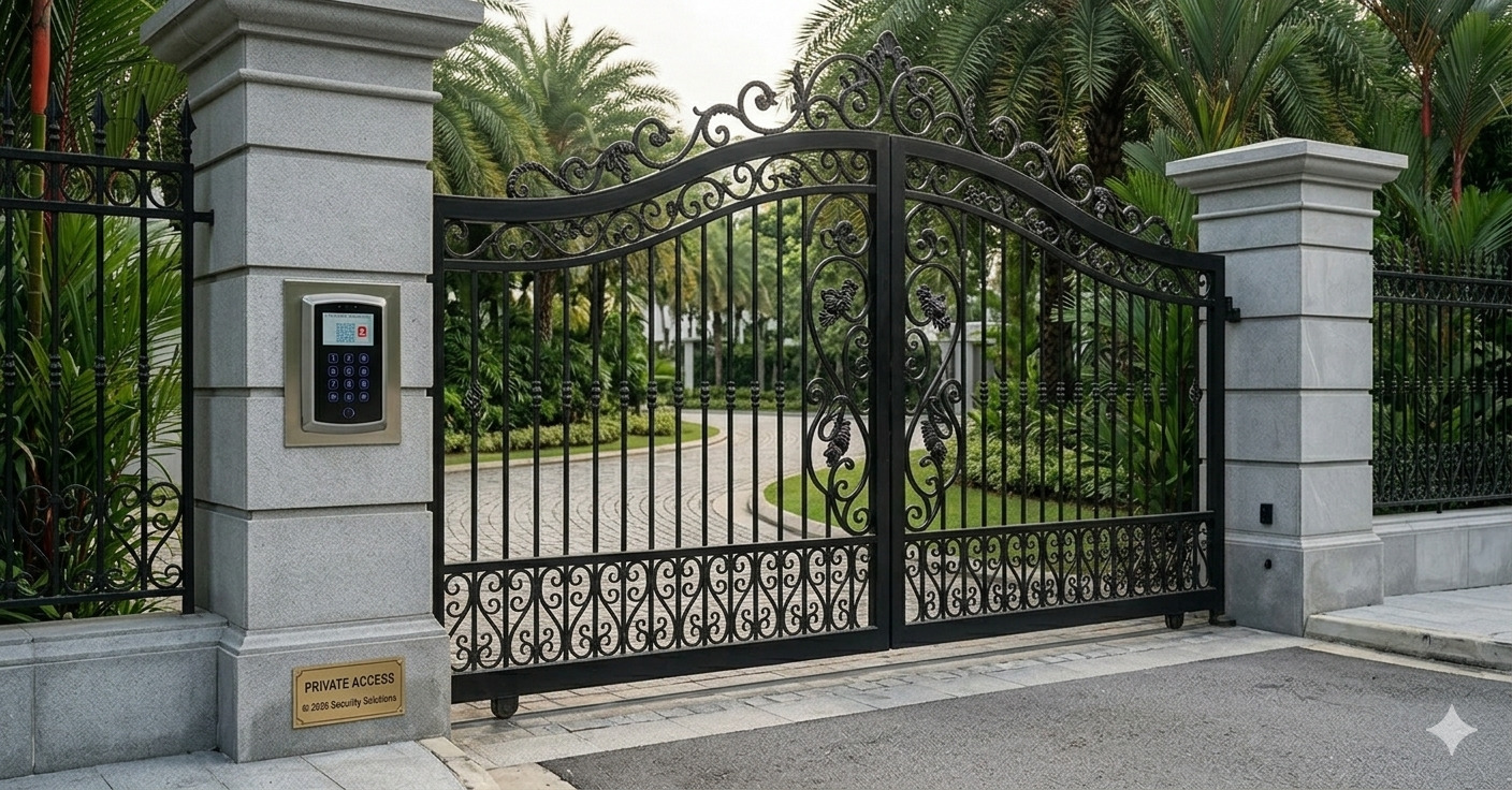 Luxury black wrought-iron swing auto gate with a modern pillar-mounted keypad entry system