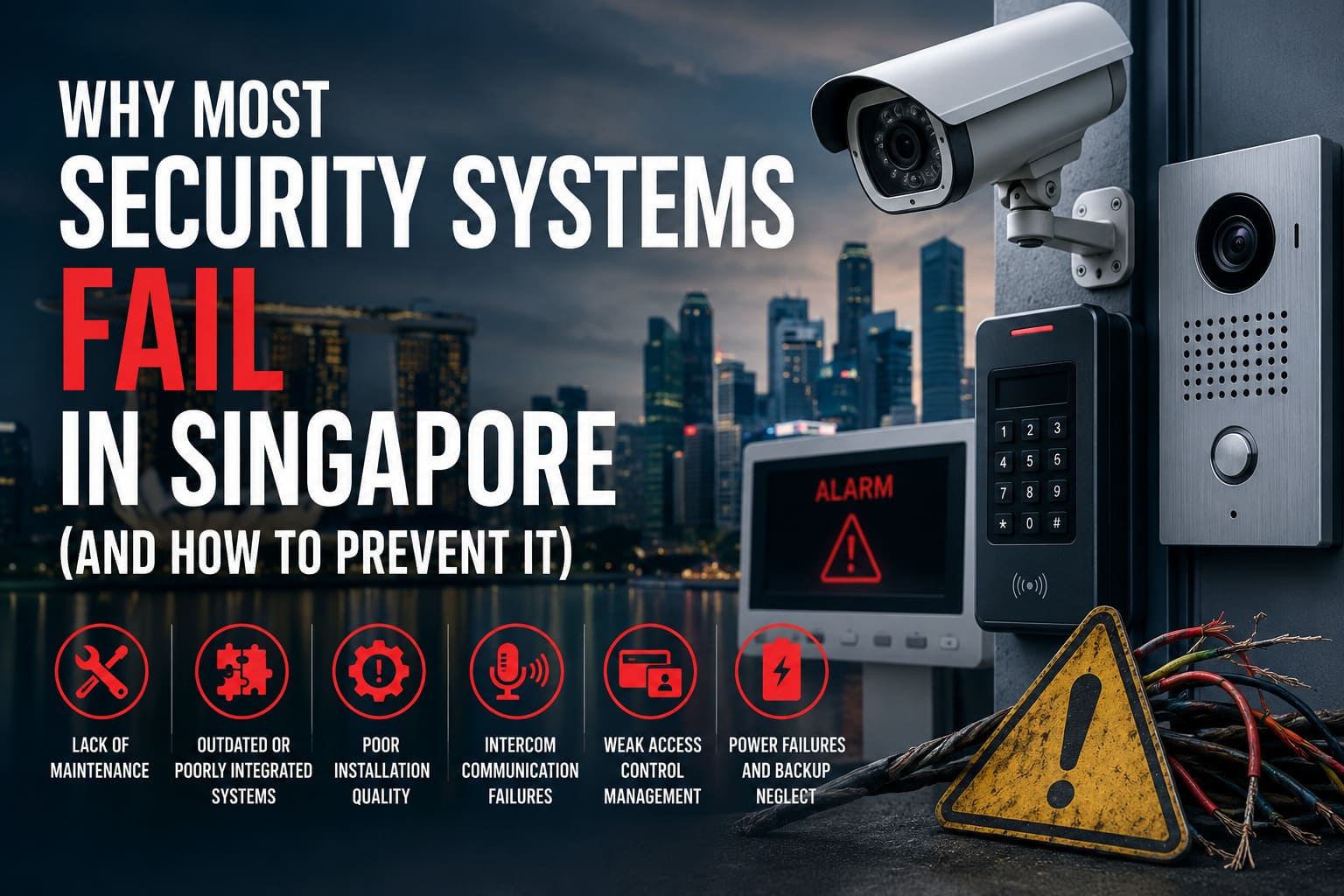 Security system failure concept in Singapore featuring CCTV camera, access control keypad, intercom system, alarm monitor, damaged wiring and warning sign against the Singapore skyline