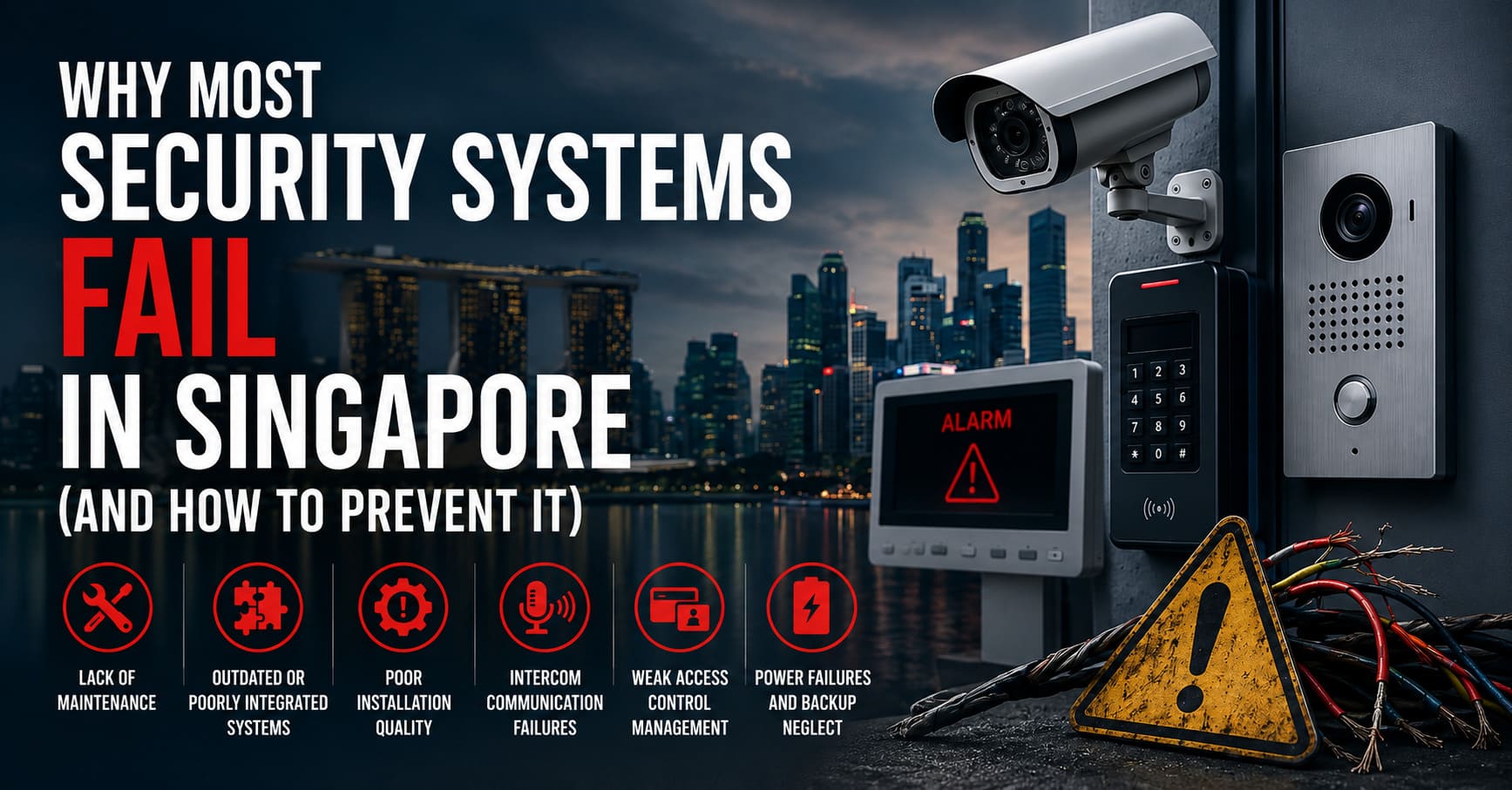 Security-system-failure-concept-in-Singapore-featuring-CCTV-camera-access-control-keypad-intercom-system-alarm-monitor-damaged-wiring-and-warning-sign