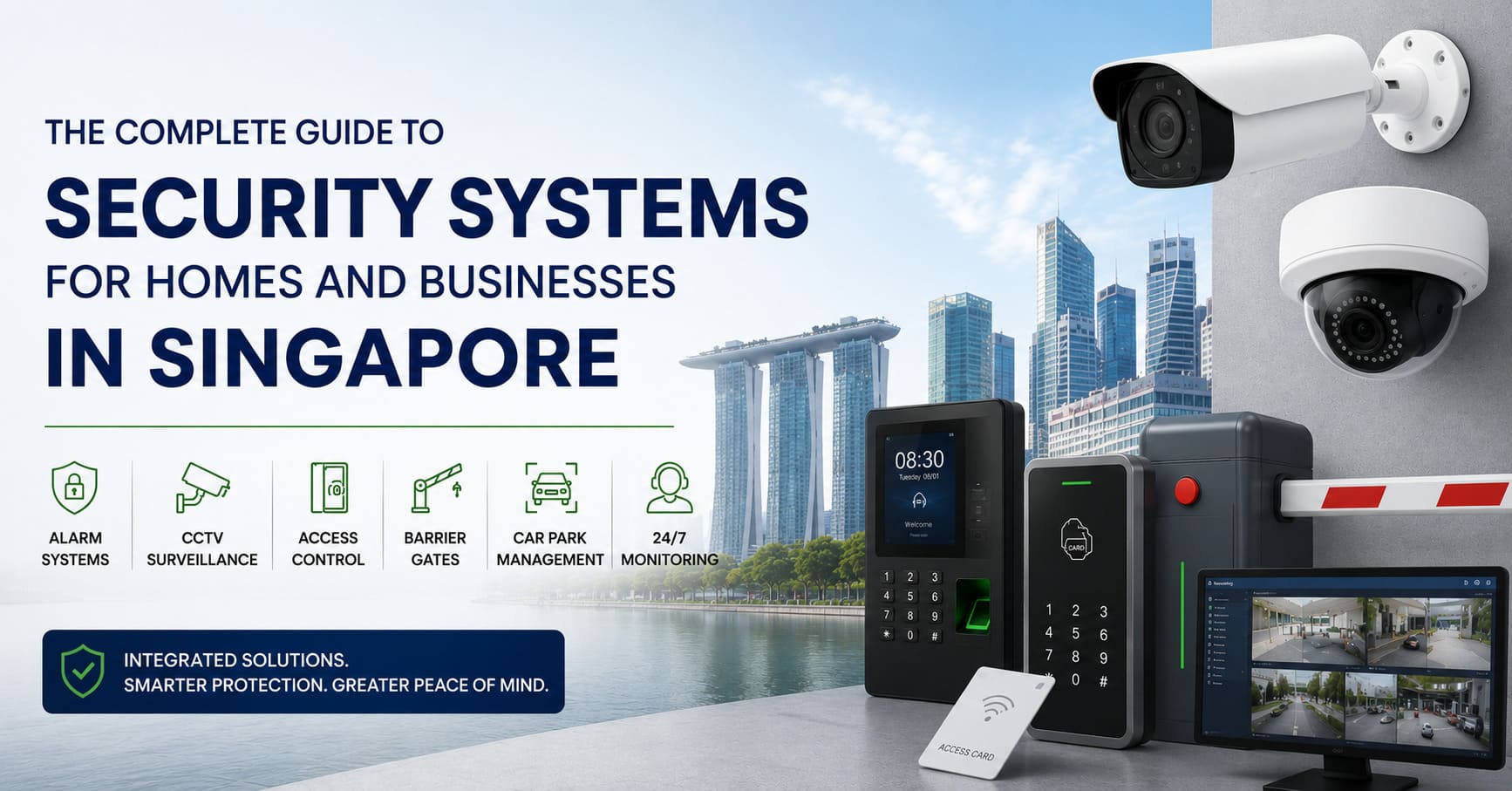 Modern security system in Singapore featuring CCTV cameras, access control, alarm systems, barrier gates, and integrated surveillance solutions.