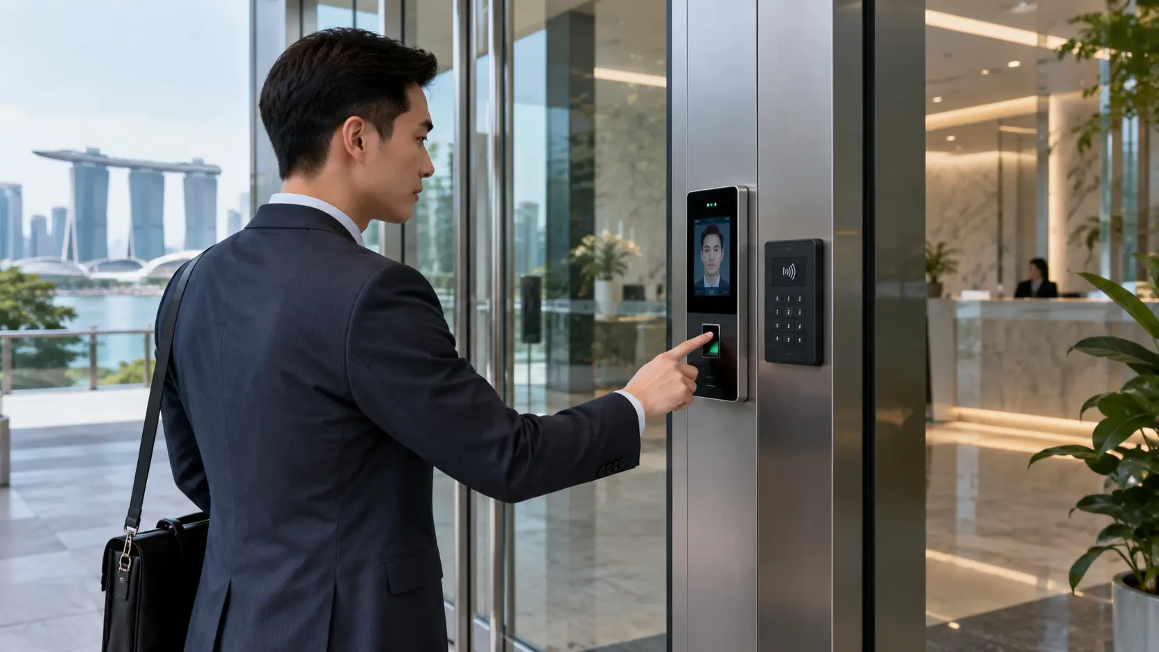 Modern door access system in Singapore with biometric, card and PIN access control